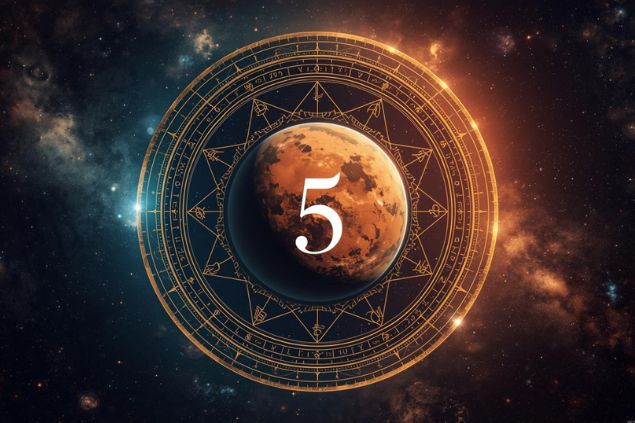 Imagem de Marte dentro de uma mandala astrológica com o número 5 no centro.