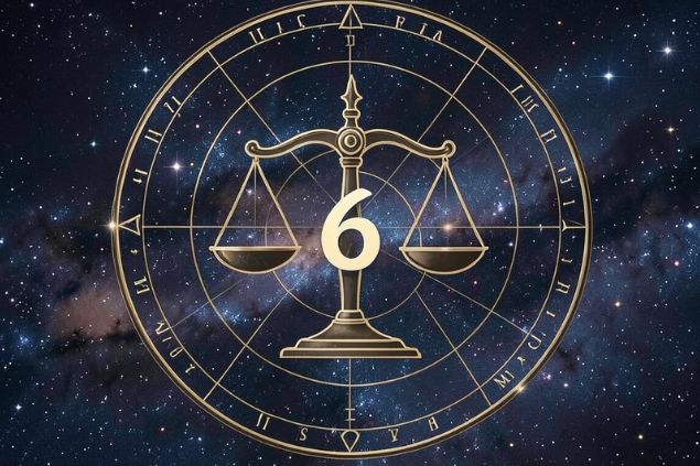 Canva/horoscopovIrtuAl Imagem do glifo de libra junto com o número 6 posicionados no centro de uma mandala astrológica com fundo do universo.