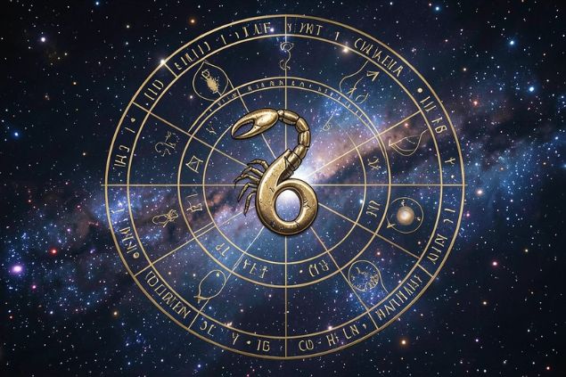 Canva/horoscopovIrtuAl Imagem do glifo de escorpião junto com o número 6 posicionados no centro de uma mandala astrológica com fundo do universo.