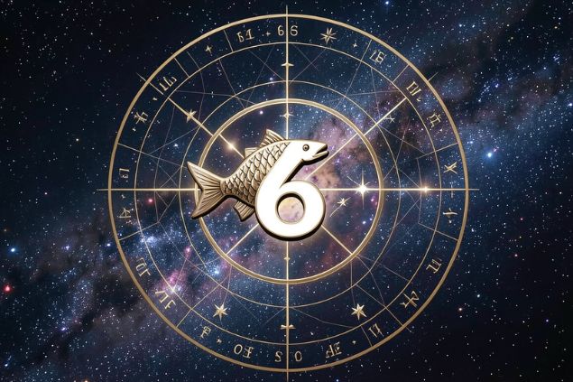 Canva/horoscopovIrtuAl Imagem do glifo de peixes junto com o número 6 no centro de uma mandala astrológica com fundo do universo.