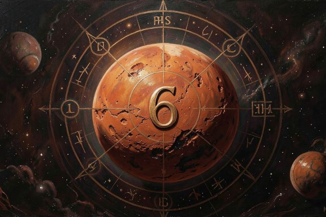 Canva/horoscopovIrtuAl Imagem de Marte dentro de uma mandala astrológica com o número 6 no centro.