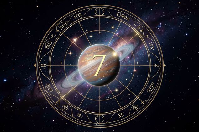 Canva/horoscopovIrtuAl Imagem do planeta Quíron dentro de uma mandala astrológica com o número 7 no centro.