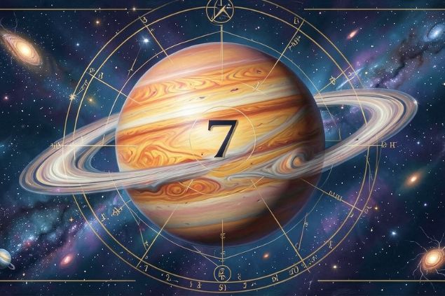 Canva/horoscopovIrtuAl Imagem de Júpiter em uma mandala astrológica com o número 7 no centro.