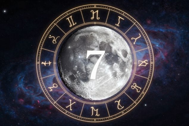 Canva/horoscopovIrtuAl Imagem da Lua dentro de uma mandala astrológica com o número 7 no centro.