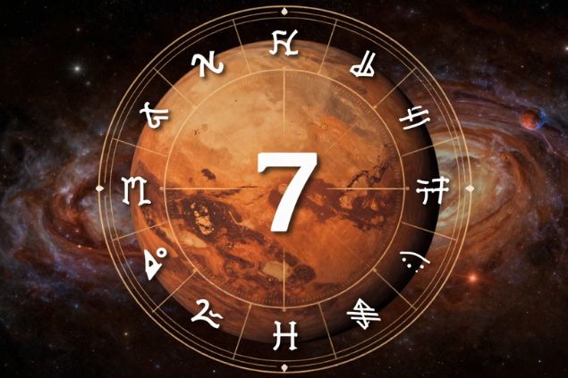 Canva/horoscopovIrtuAl Imagem de Marte dentro de uma mandala astrológica com o número 7 no centro.