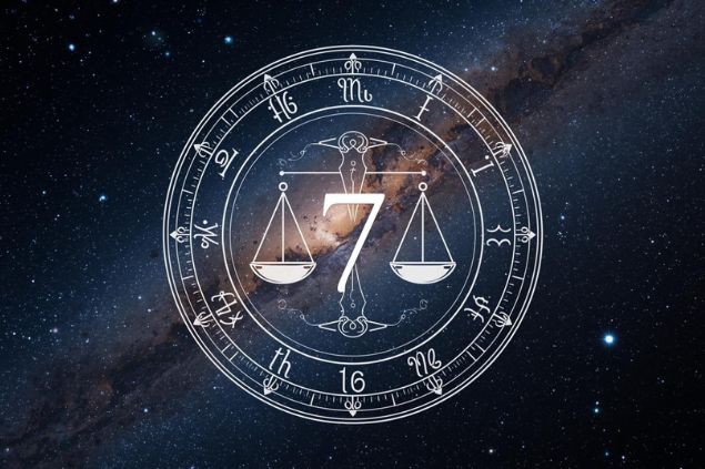 Imagem do glifo de libra junto com o número 7 posicionados no centro de uma mandala astrológica com fundo do universo.