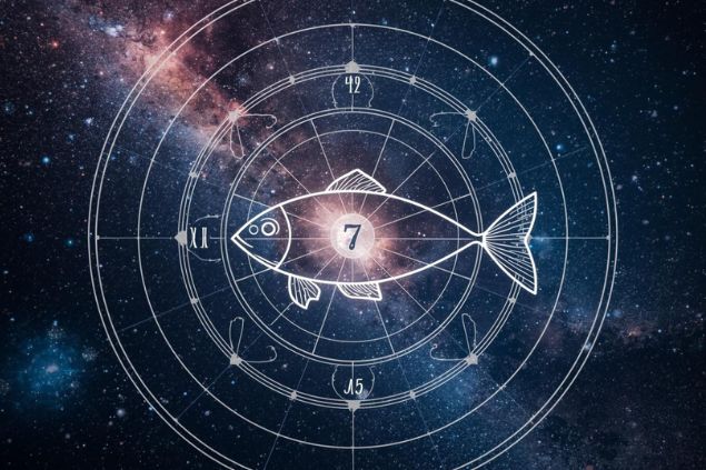 Canva/horoscopovIrtuAl Imagem do glifo de peixes junto com o número 7 no centro de uma mandala astrológica com fundo do universo.