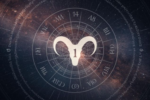 Imagem do glifo de áries e o número 1 no centro de uma mandala astrológica com fundo do universo.