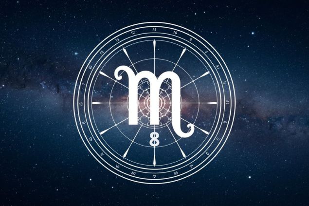 Imagem do glifo de virgem com o número 8 no centro de uma mandala astrológica com fundo do universo.