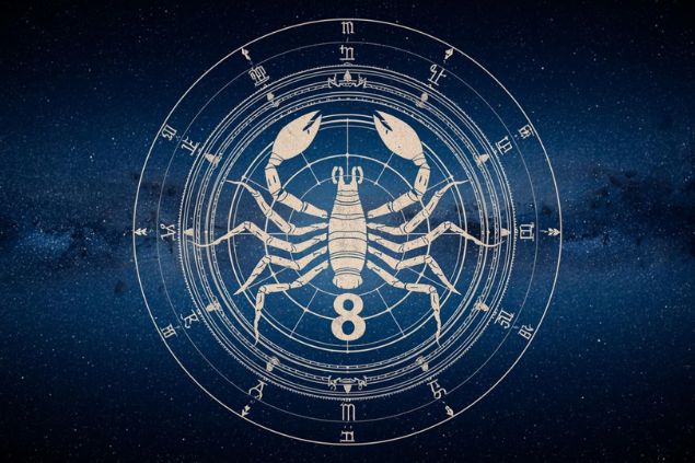Imagem do glifo de escorpião junto com o número 8 no centro de uma mandala astrológica com fundo do universo.
