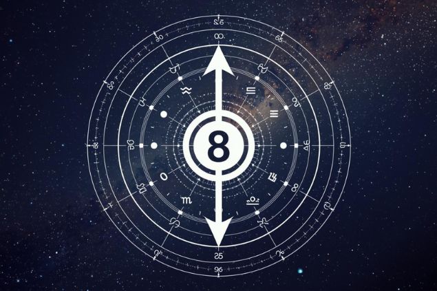 Canva/horoscopovIrtuAl Imagem do glifo de sagitário que tem uma flecha junto com o número 8 no centro de uma mandala astrológica com fundo do universo.