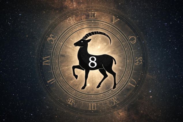 Canva/horoscopovIrtuAl Imagem do glifo de capricórnio junto com o número 8 no centro de uma mandala astrológica com fundo do universo.