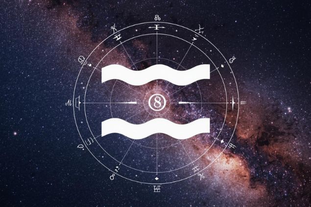 Canva/horoscopovIrtuAl Imagem do glifo de aquário representando por duas linhas horizontais e o número 8 no centro de uma mandala astrológica com fundo do universo.