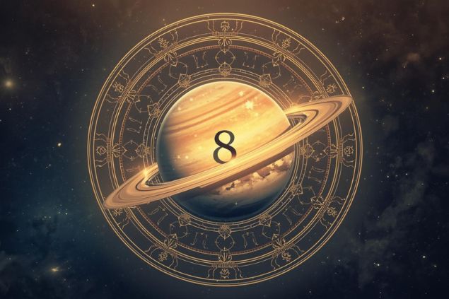 Canva/horoscopovIrtuAl Imagem de Saturno dentro de uma mandala astrológica com o número 8 no centro.