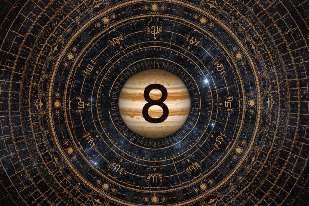 Canva/horoscopovIrtuAl Imagem de Júpiter dentro de uma mandala astrológica com o número 8 no centro.
