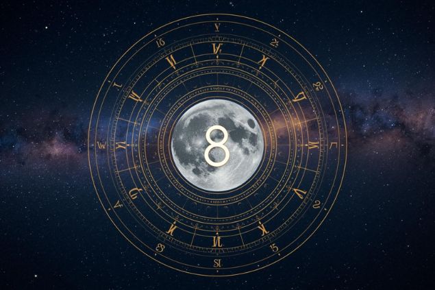 Canva/horoscopovIrtuAl Imagem da Lua dentro de uma mandala astrológica com o número 8 no centro.