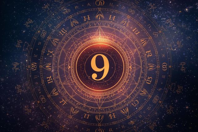 Imagem de Plutão dentro de uma mandala astrológica com o número 9 no centro.