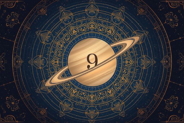Canva/horoscopovIrtuAl Imagem de Saturno dentro de uma mandala astrológica com o número 9 no centro.