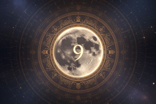 Canva/horoscopovIrtuAl Imagem da Lua dentro de uma mandala astrológica com o número 9 no centro.