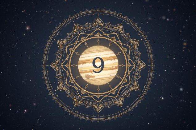 Imagem de Júpiter dentro de uma mandala astrológica com o número 9 no centro.