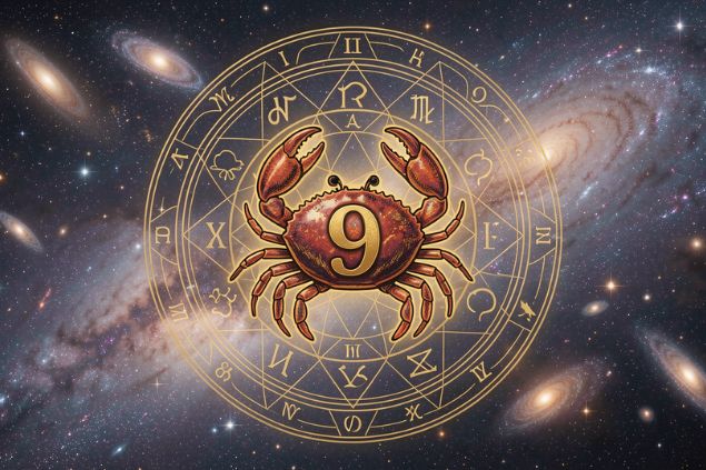 Canva/horoscopovIrtuAl Imagem do glifo de câncer junto com o número 9 posicionados no centro de uma mandala astrológica com fundo do universo.
