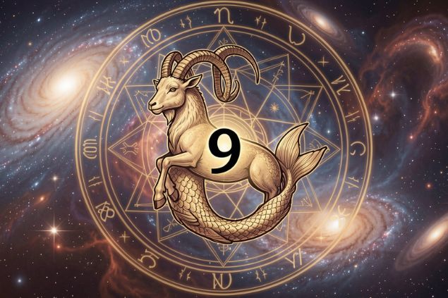 Imagem do glifo de capricórnio junto com o número 9 no centro de uma mandala astrológica com fundo do universo.