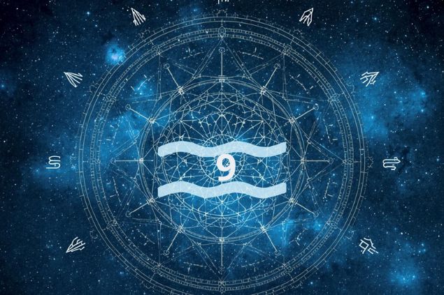 Imagem do glifo de aquário junto com o número 9 no centro de uma mandala astrológica com fundo do universo.