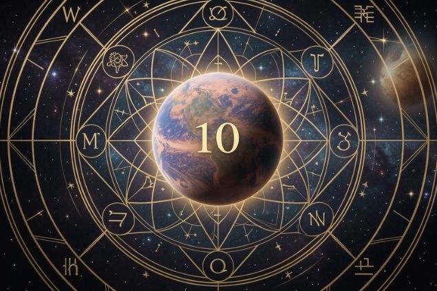 Imagem do Planeta Quíron no centro de uma mandala astrológica dentro da casa 10