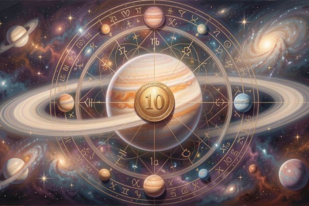 Imagem de Saturno dentro de uma mandala astrológica com o número 10 no centro