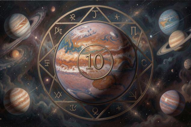 Imagem de Plutão dentro de uma mandala astrológica com o número 10 no centro