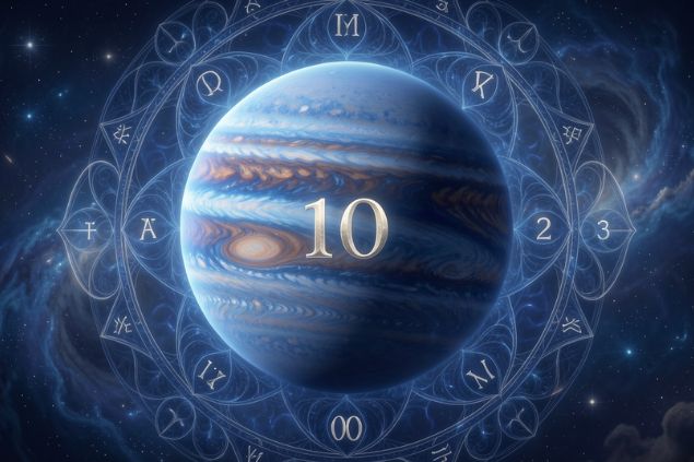 Imagem de Netuno dentro de uma mandala astrológica com o número 10 no centro