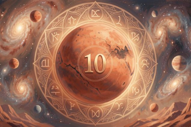 Imagem do planeta Marte dentro de uma mandala astrológica com o número 10 no centro