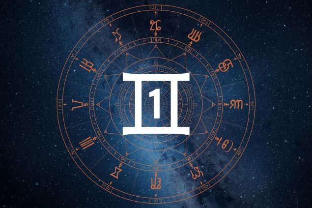 Imagem do glifo de gêmeos e o número 1 no centro de uma mandala astrológica com fundo do universo.