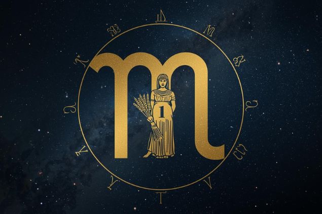 Imagem do glifo de virgem com o número 1 no centro de uma mandala astrológica com fundo do universo.