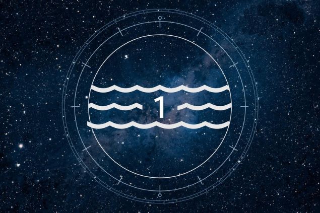 Imagem do glifo de aquário com o número 1 no centro de uma mandala astrológica com fundo do universo.