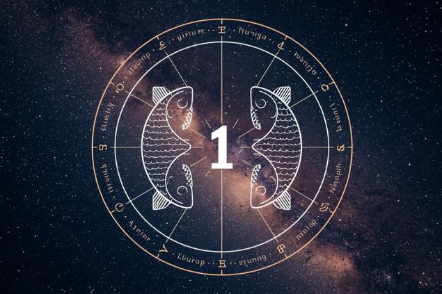 Imagem do glifo de peixes com o número 1 no centro de uma mandala astrológica com fundo do universo.