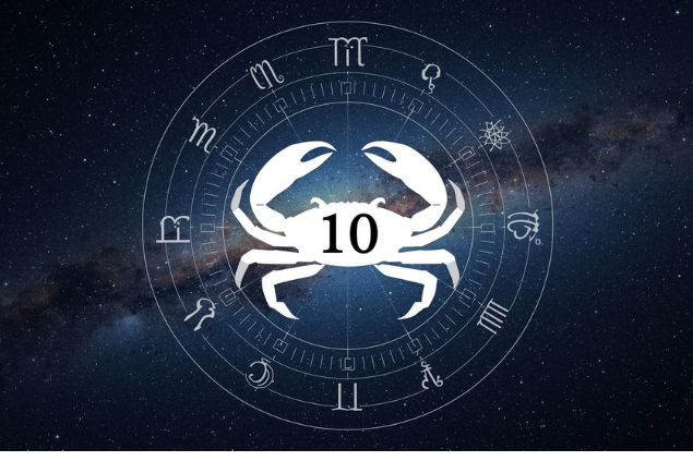 Imagem do glifo de câncer junto com o número 10 no centro de uma mandala astrológica com fundo do universo.
