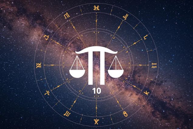Imagem do glifo de libra junto com o número 10 posicionados no centro de uma mandala astrológica com fundo do universo.
