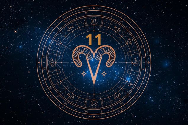 Imagem de uma mandala astrológica com o glifo de áries junto com o número 11 posicionados no centro. 