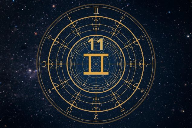 Imagem de uma mandala astrológica com o glifo de gêmeos junto com o número 11 posicionados no centro. 