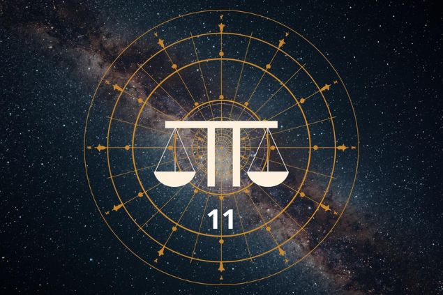 Imagem do glifo de libra junto com o número 11 posicionados no centro de uma mandala astrológica com fundo do universo.