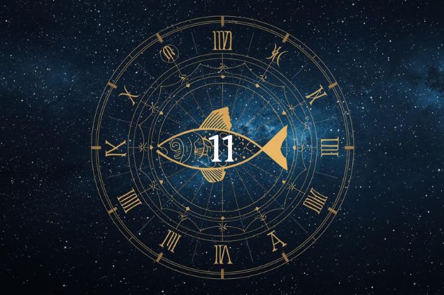 Imagem do glifo de peixes junto com o número 11 no centro de uma mandala astrológica com fundo do universo.