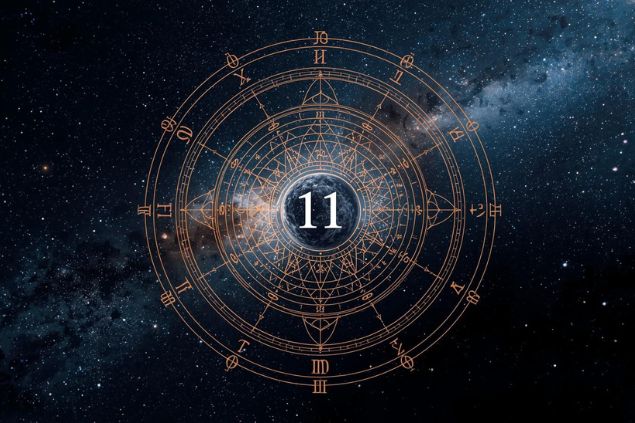 Imagem de Quíron dentro de uma mandala astrológica com o número 11 no centro e ao fundo, o universo.