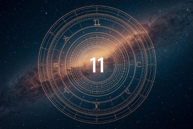 Imagem de Urano em uma mandala astrológica com o número 11 no centro e ao fundo, o universo.