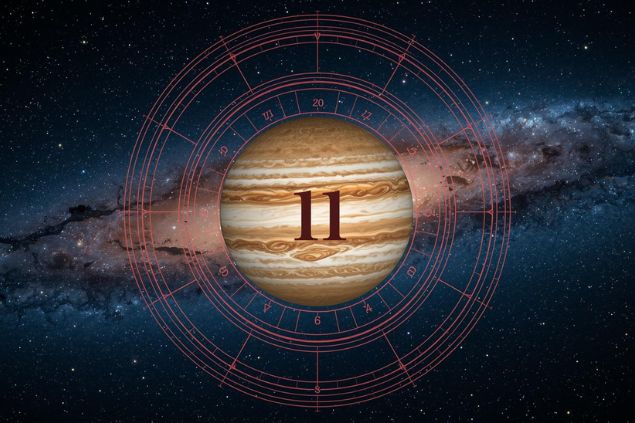 Imagem de Júpiter em uma mandala astrológica com o número 11 no centro e ao fundo, o universo.