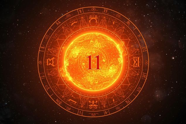 Imagem do Sol em uma mandala astrológica com o número 11 no centro e ao fundo, o universo.