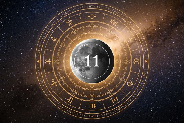 Imagem do planeta Mercúrio dentro de uma mandala astrológica com o número 11 no centro e ao fundo, o universo.