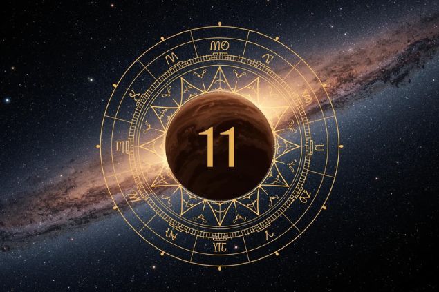 Imagem do planeta Vênus dentro de uma mandala astrológica com o número 11 no centro e ao fundo, o universo.