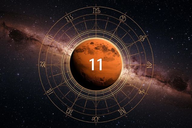 Imagem do planeta Marte dentro de uma mandala astrológica com o número 11 no centro e ao fundo, o universo.