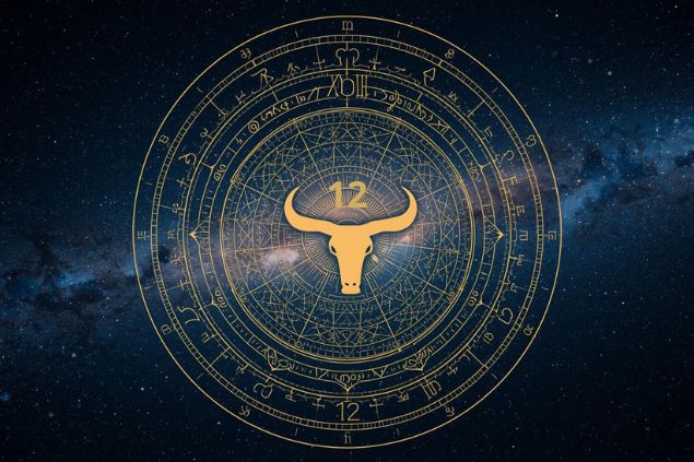 Imagem do glifo de touro e o número 12 no centro de uma mandala astrológica com fundo do universo.